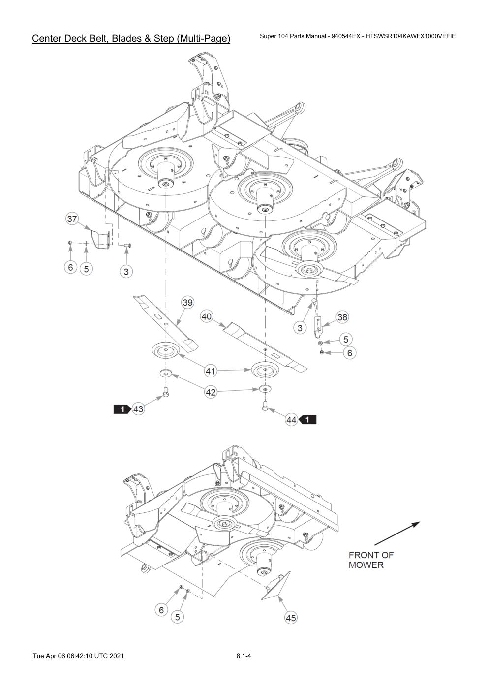 Super 104 Parts Manual - 940544EX - HTSWSR104KAWFX1000VEFIE - Center Deck Belt, Blades & Step (Multi-Page) diagram
