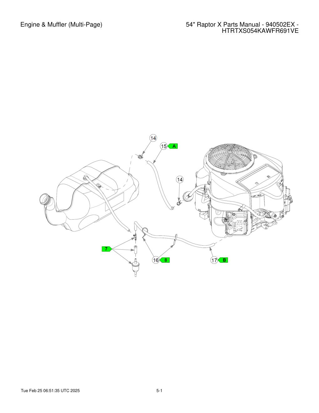 54" Raptor X Parts Manual - 940502EX - HTRTXS054KAWFR691VE - Engine & Muffler (Multi-Page) diagram