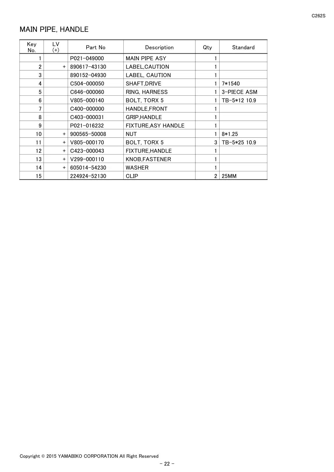 C262S IPL page 24 - MAIN PIPE, HANDLE