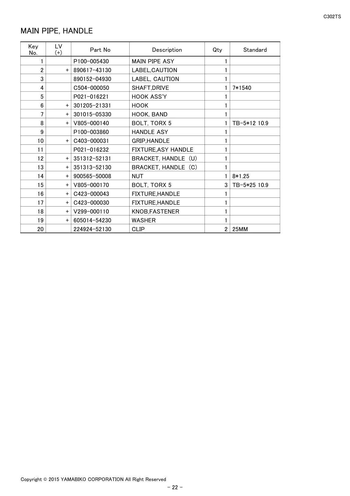 C302TS IPL page 24 - MAIN PIPE, HANDLE