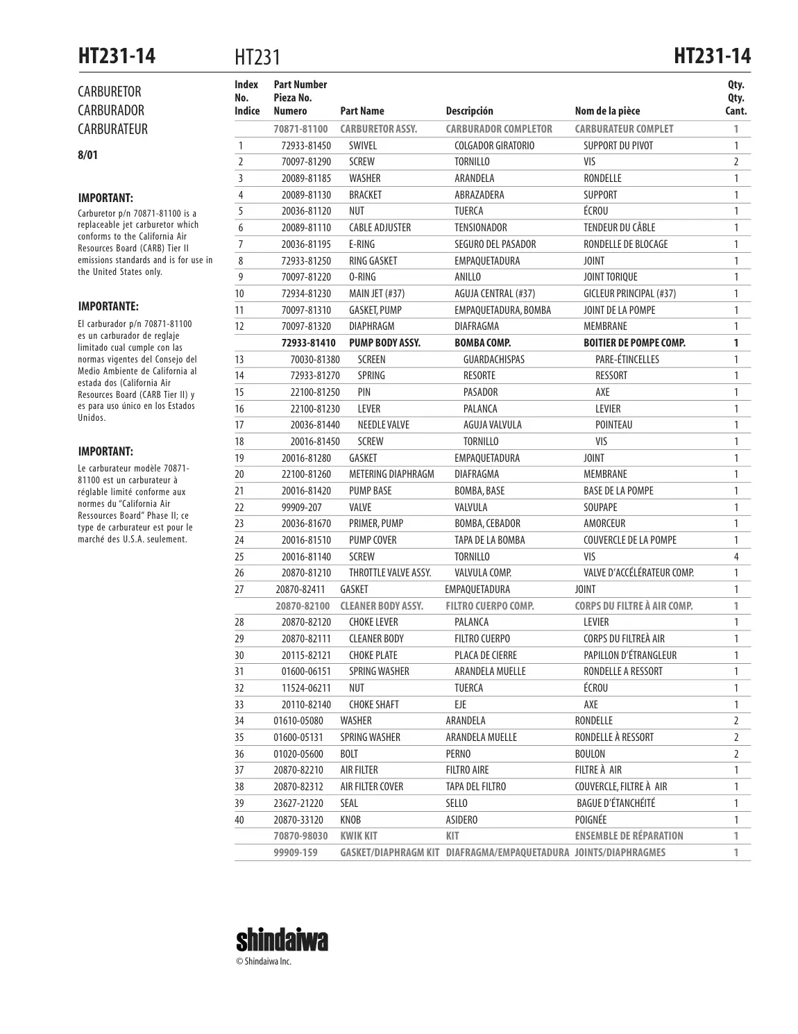 HT231 IPL page 15 - CARBURETOR