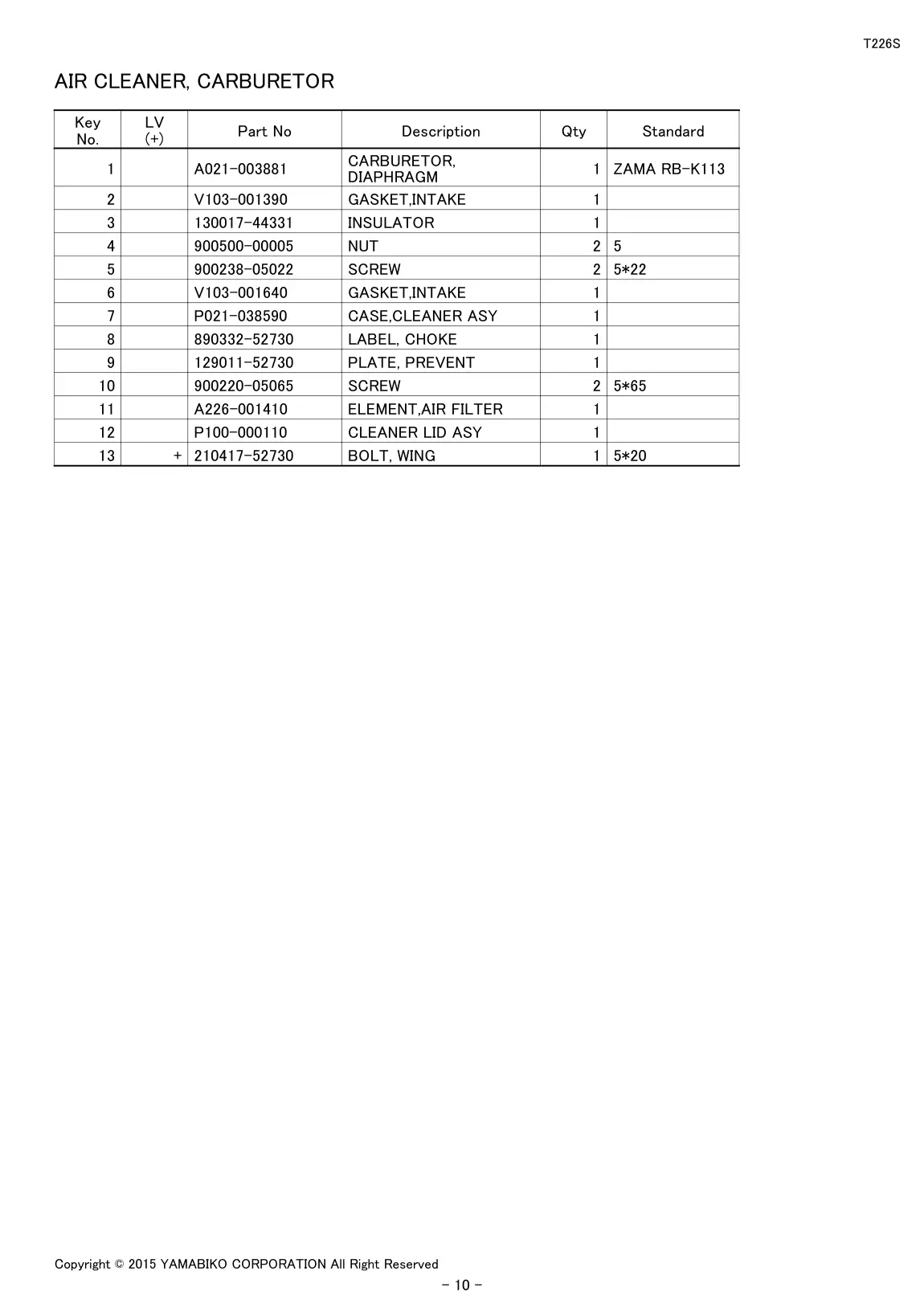 T226S IPL page 12 - AIR CLEANER, CARBURETOR