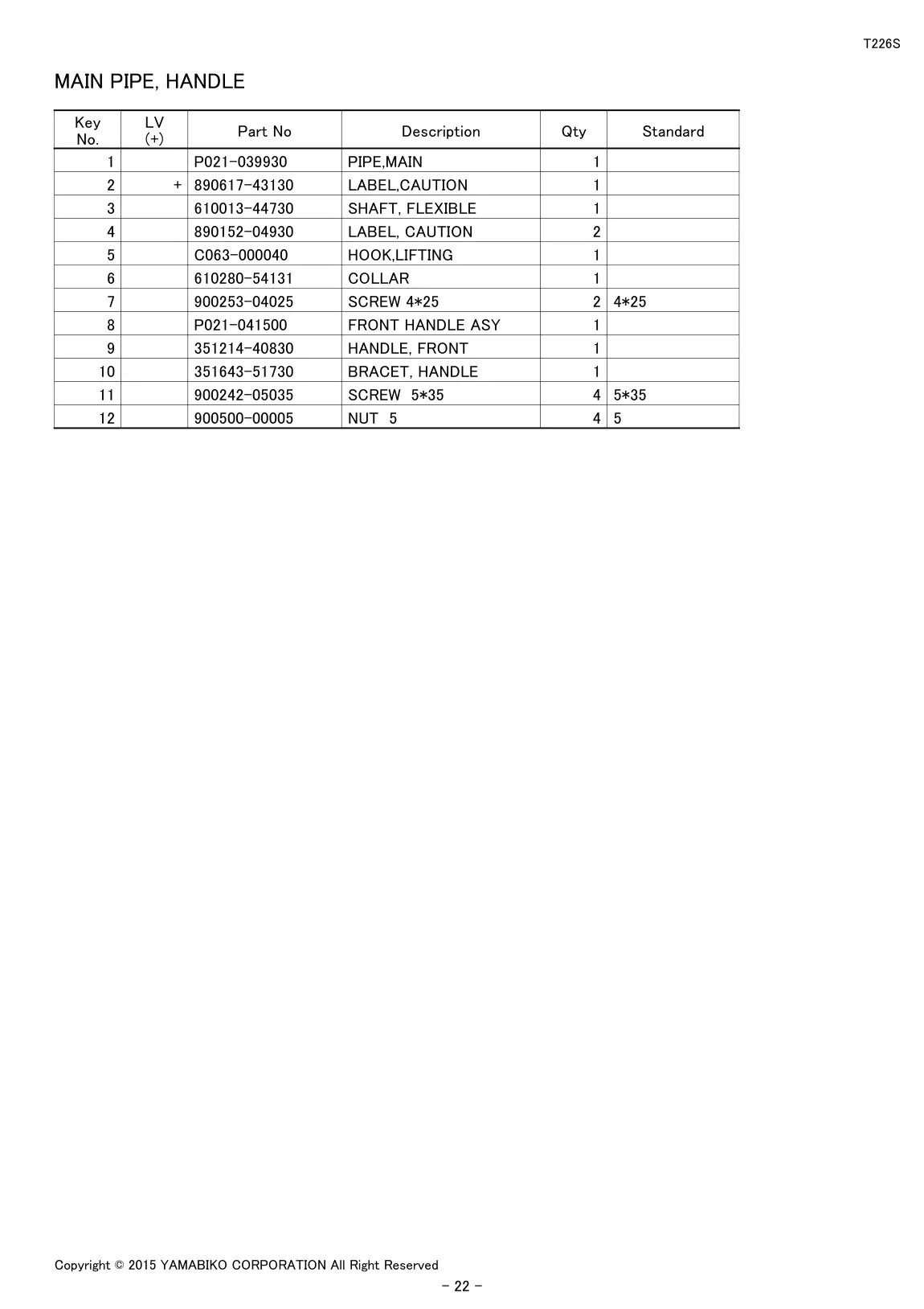 T226S IPL page 24 - MAIN PIPE, HANDLE