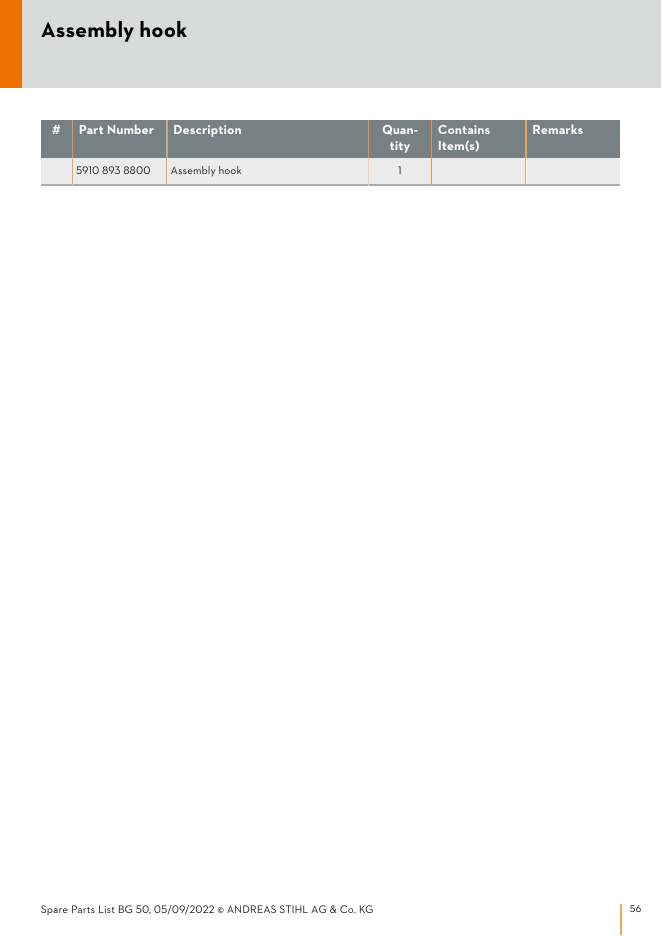 STIHL BG50 IPL Parts Diagram Assembly hook diagram
