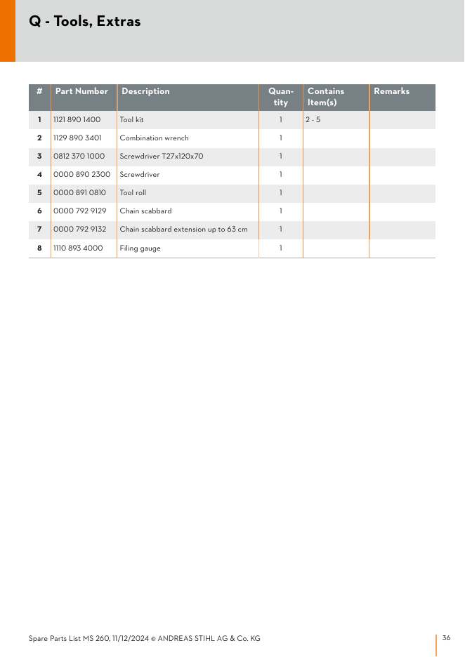 STIHL MS260 IPL Parts Diagram Q - Tools, Extras diagram