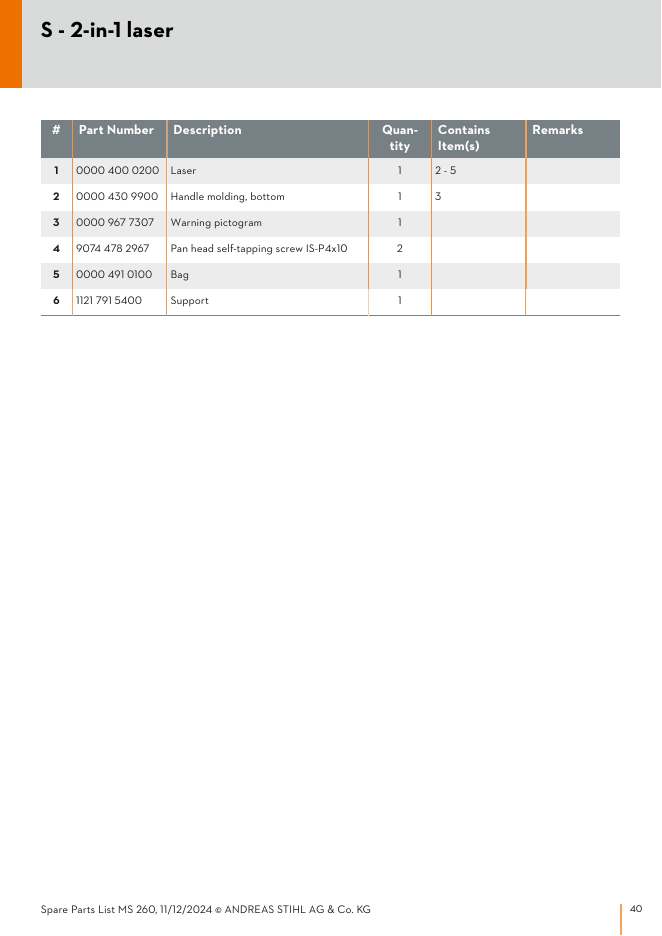 STIHL MS260 IPL Parts Diagram S - 2-in-1 laser diagram