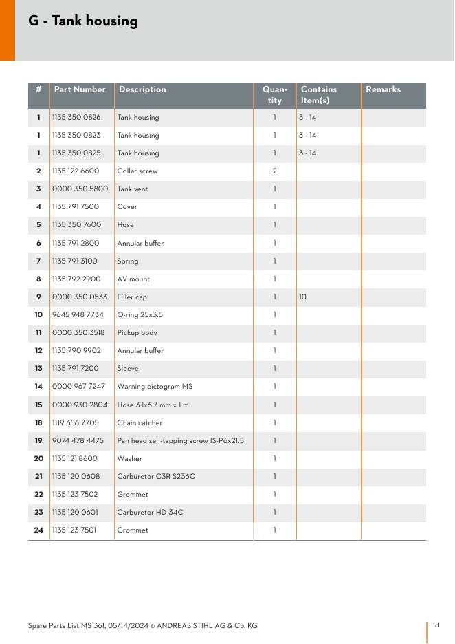 STIHL MS361 IPL Parts Diagram G - Tank housing diagram