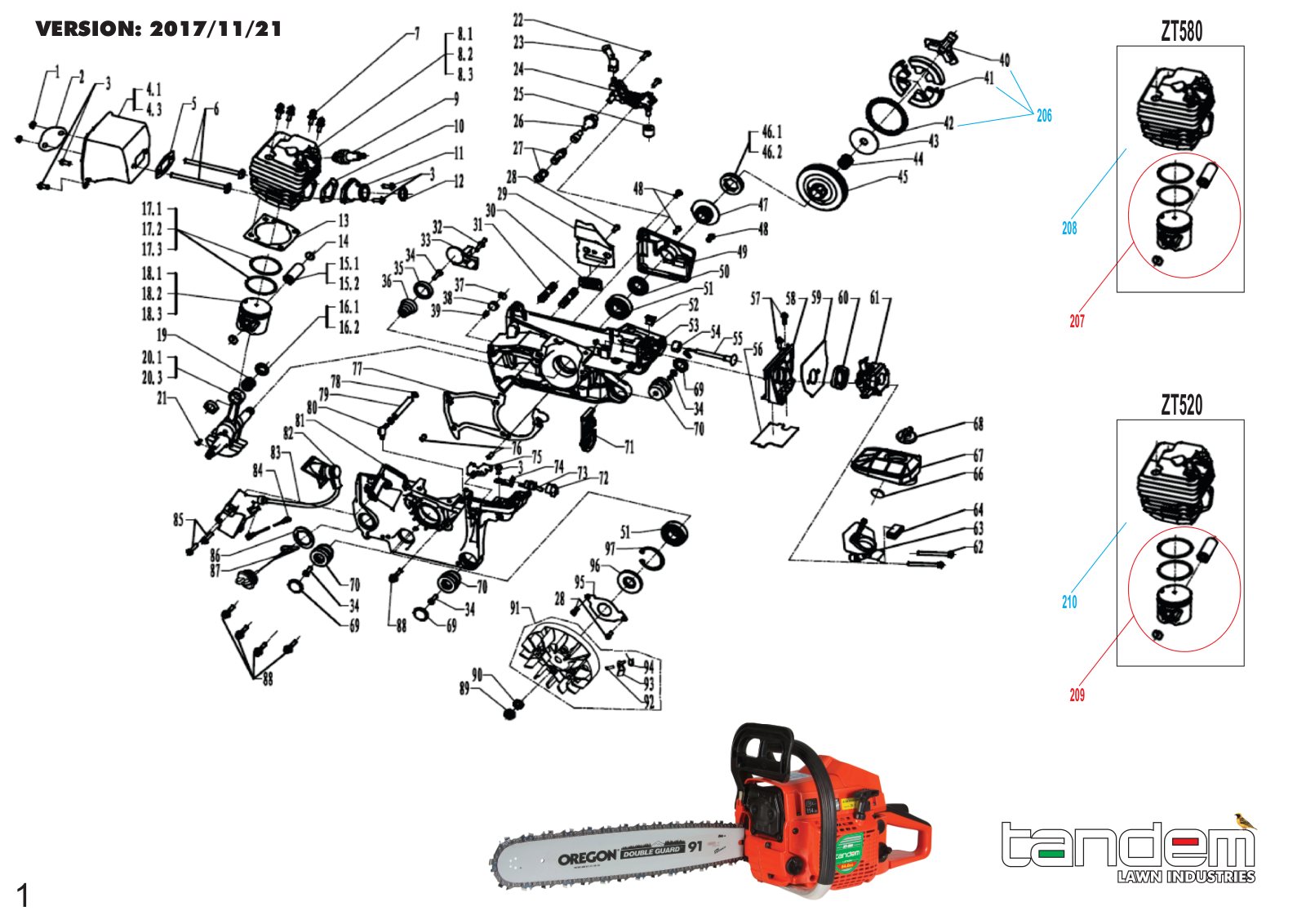 Tandem Chainsaw ZT520 & ZT580 IPL Parts Diagram