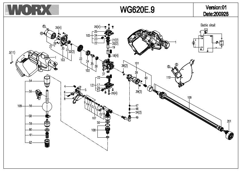Worx WG620E.9 Exploded Drawing IPL