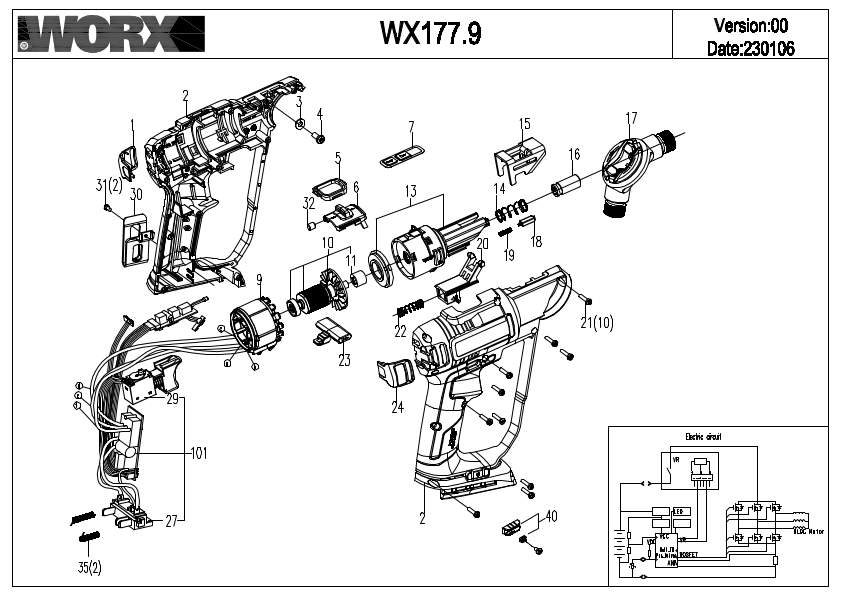 Worx WX177.9 Exploded Drawing IPL
