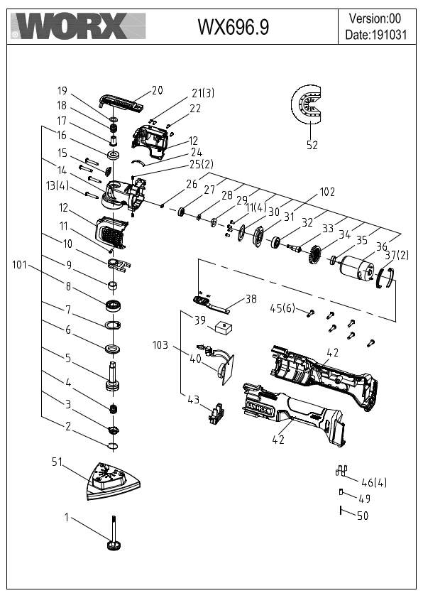 Worx WX696.9 Exploded Drawing IPL