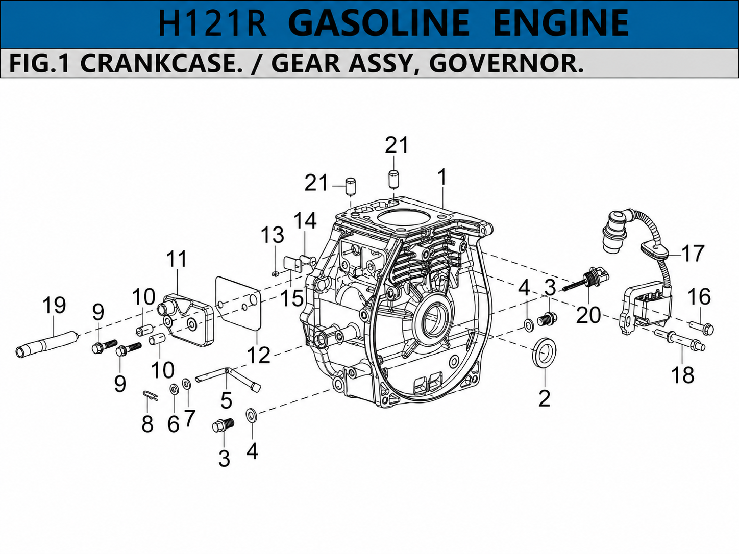 Hyundai H121R FIG.1 crankcase and governor parts diagram