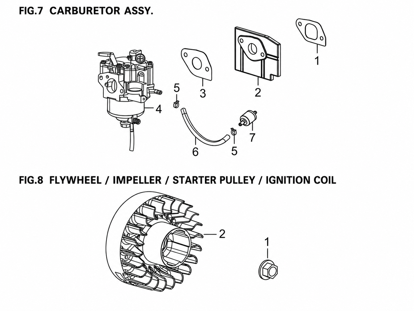 Hyundai H121R FIG.7 and FIG.8 carburetor and flywheel parts diagram
