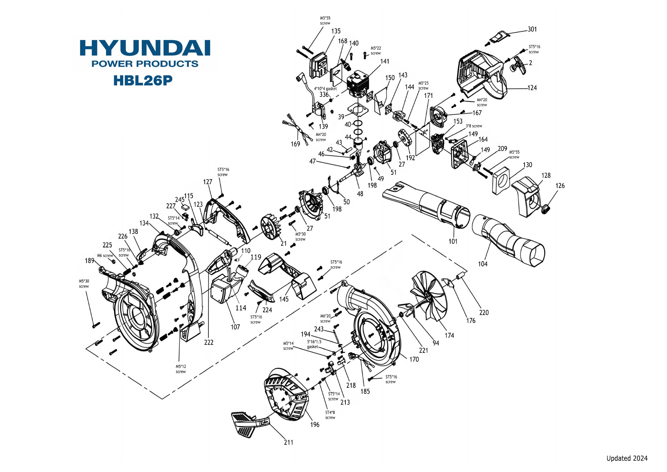 Large Hyundai HBL26H HBL26P blower illustrated parts diagram