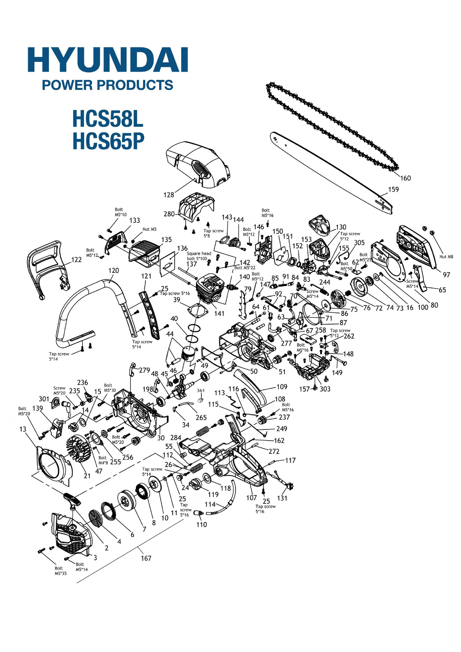 Hyundai HCS58L and HCS65P chainsaw IPL exploded parts diagram